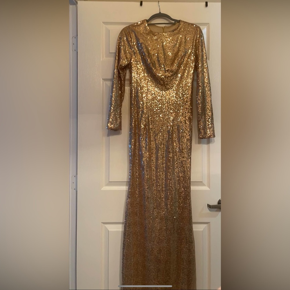 Long sleeve gold sequin gown